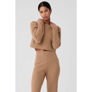 Alo Cashmere Plush Waffle Cropped Top High Waist Pants Set Toasted Almond Small